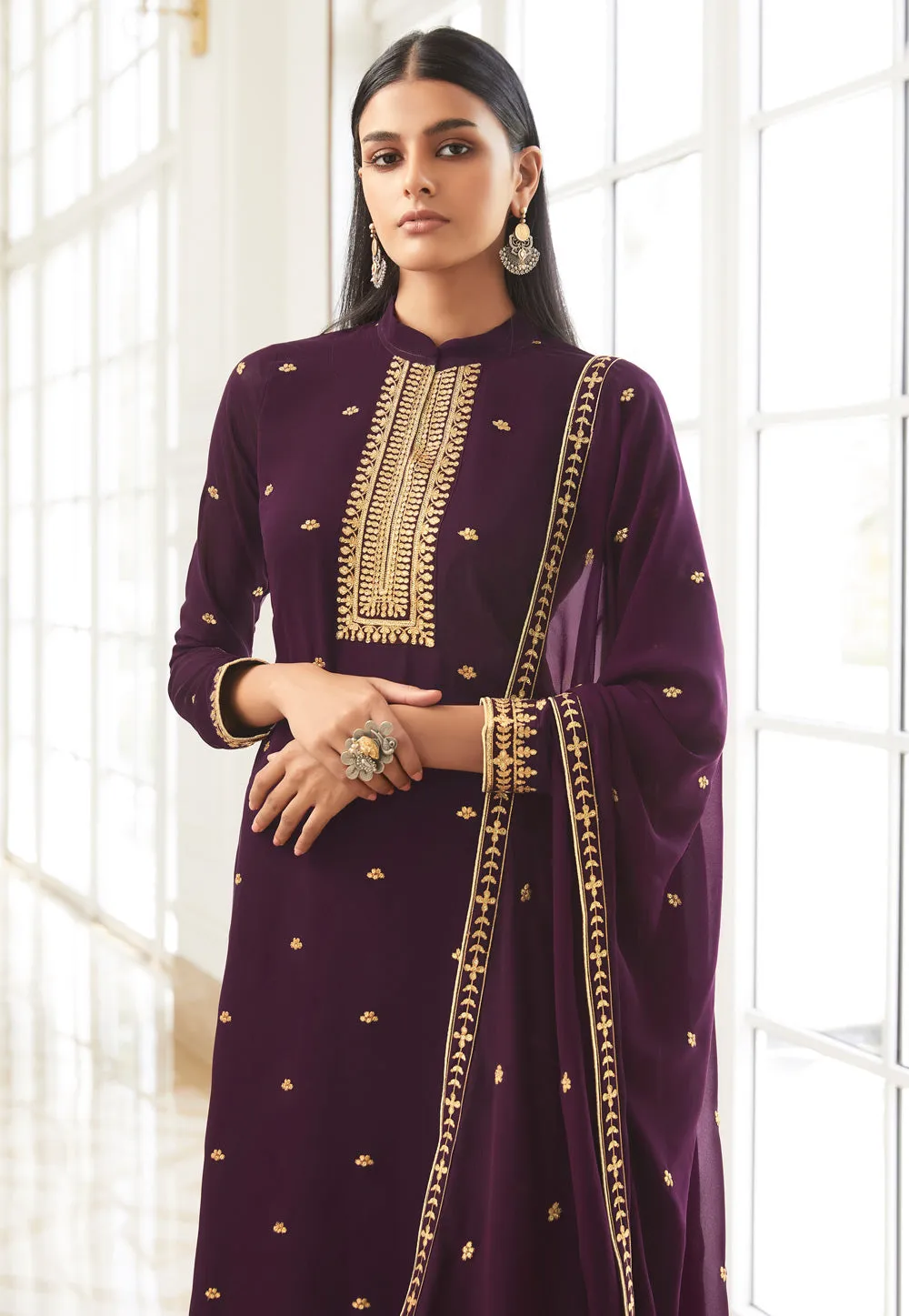 Wine Embroidered Designer Palazzo Suit