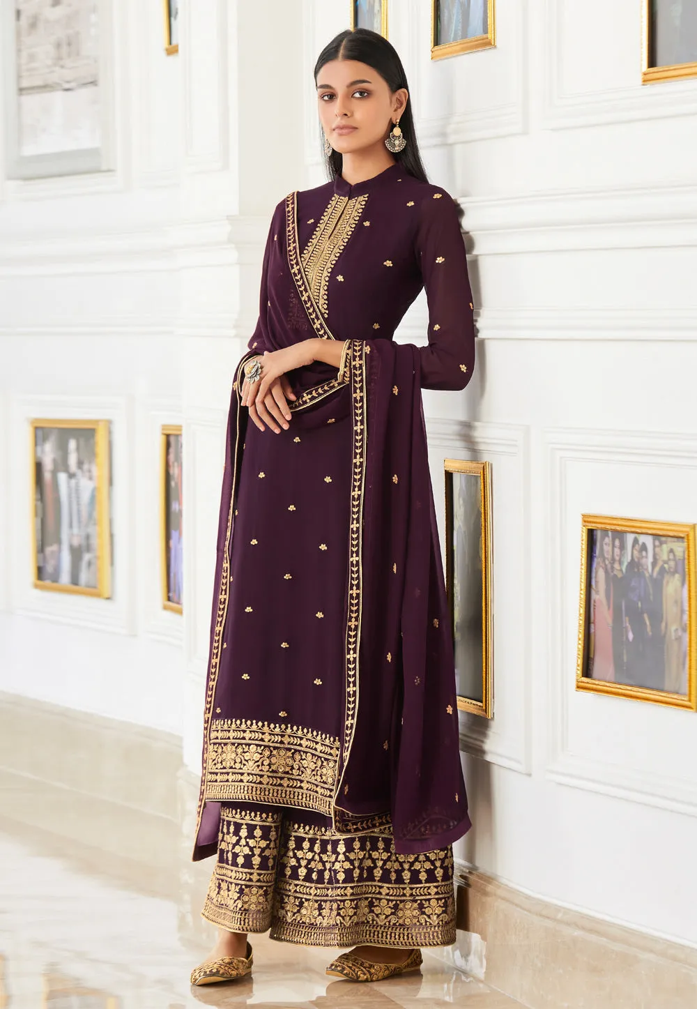 Wine Embroidered Designer Palazzo Suit