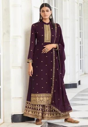 Wine Embroidered Designer Palazzo Suit