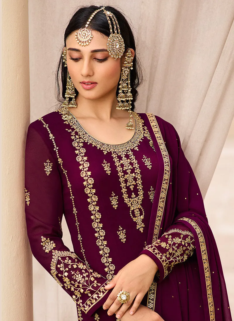 Wine Golden Zari Embroidered Designer Gharara Suit