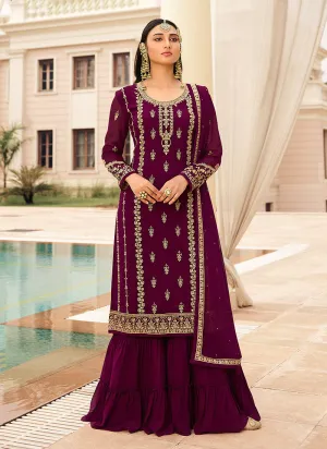 Wine Golden Zari Embroidered Designer Gharara Suit