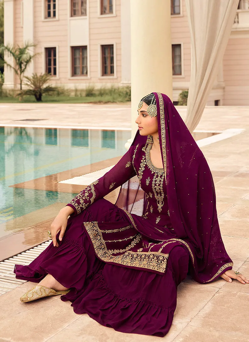 Wine Golden Zari Embroidered Designer Gharara Suit