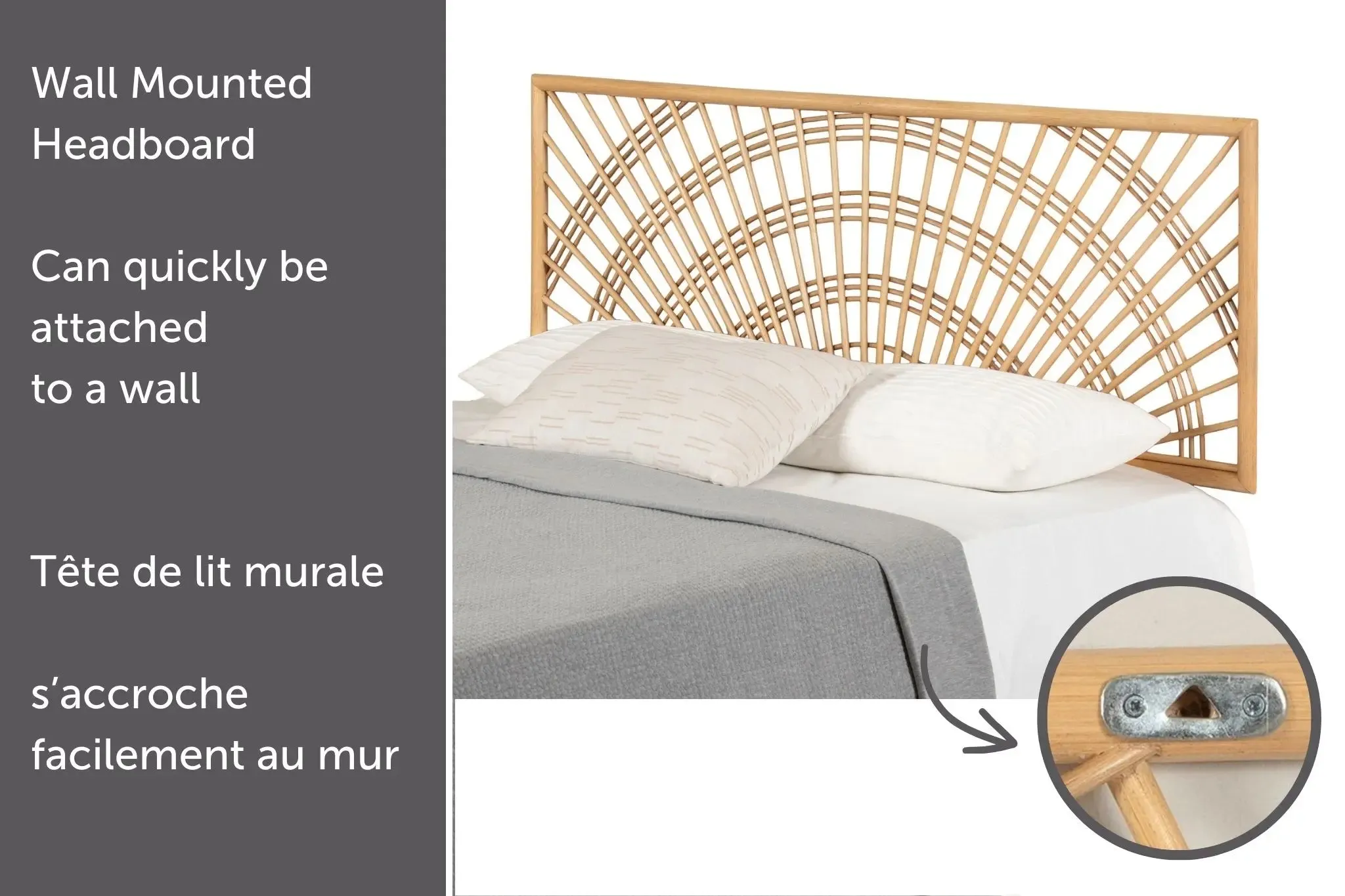 Wooden Bed and Rattan Wall-Mounted Sunrise Headboard Set - Balka