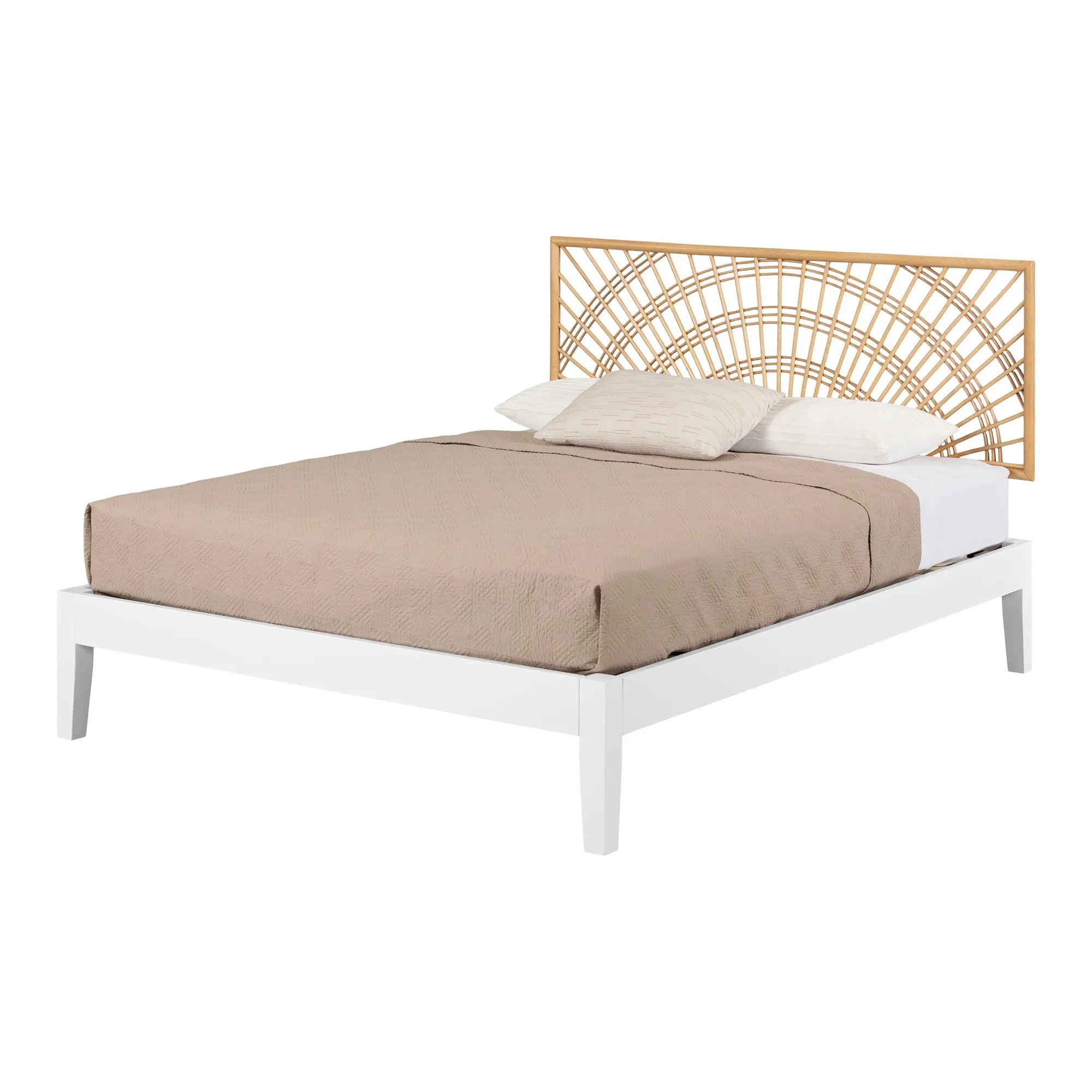 Wooden Bed and Rattan Wall-Mounted Sunrise Headboard Set - Balka