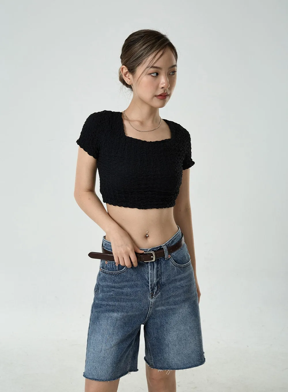 Wrinkled Square Neck Crop Top CU6