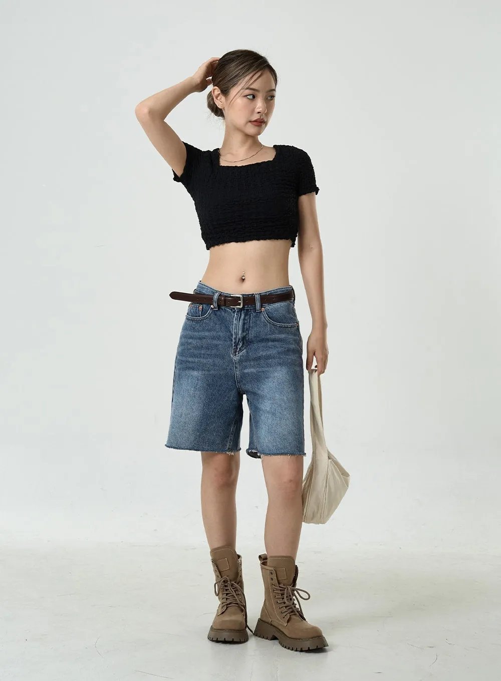 Wrinkled Square Neck Crop Top CU6