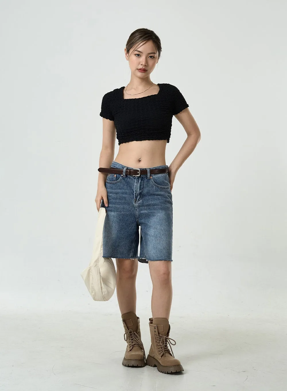 Wrinkled Square Neck Crop Top CU6