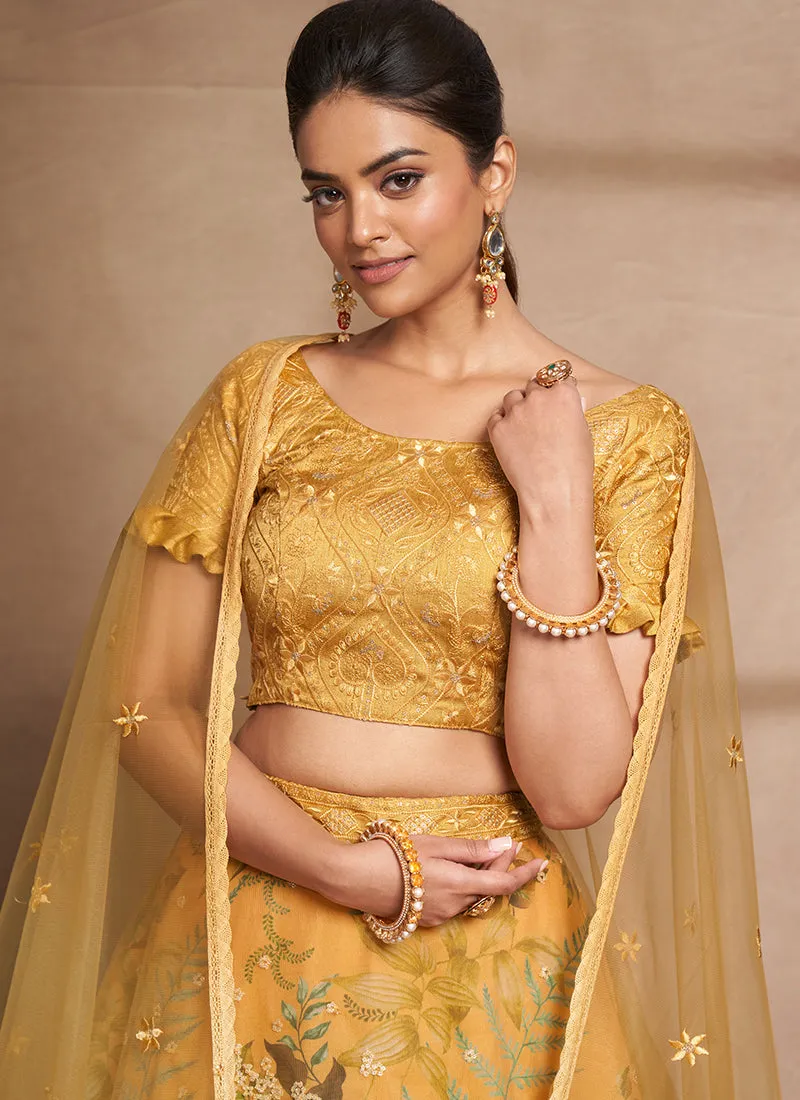 Yellow Floral Print And Sequence Embroidery Ruffled Lehenga Choli