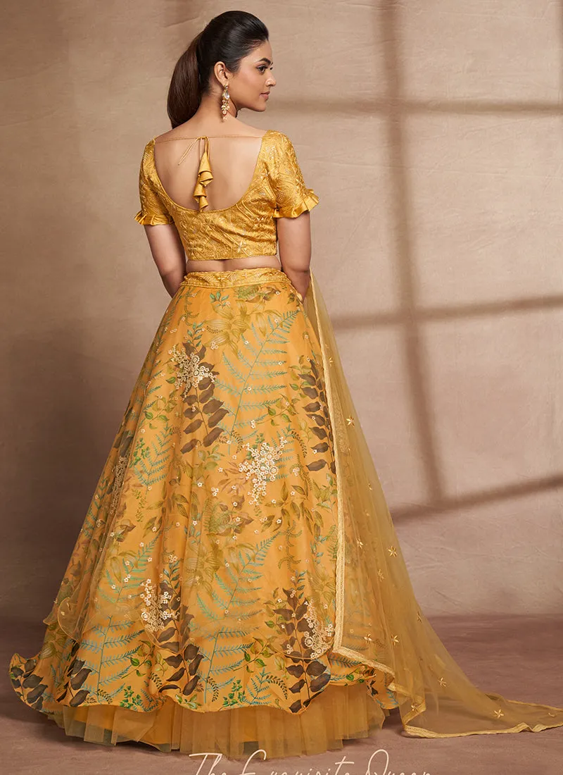 Yellow Floral Print And Sequence Embroidery Ruffled Lehenga Choli