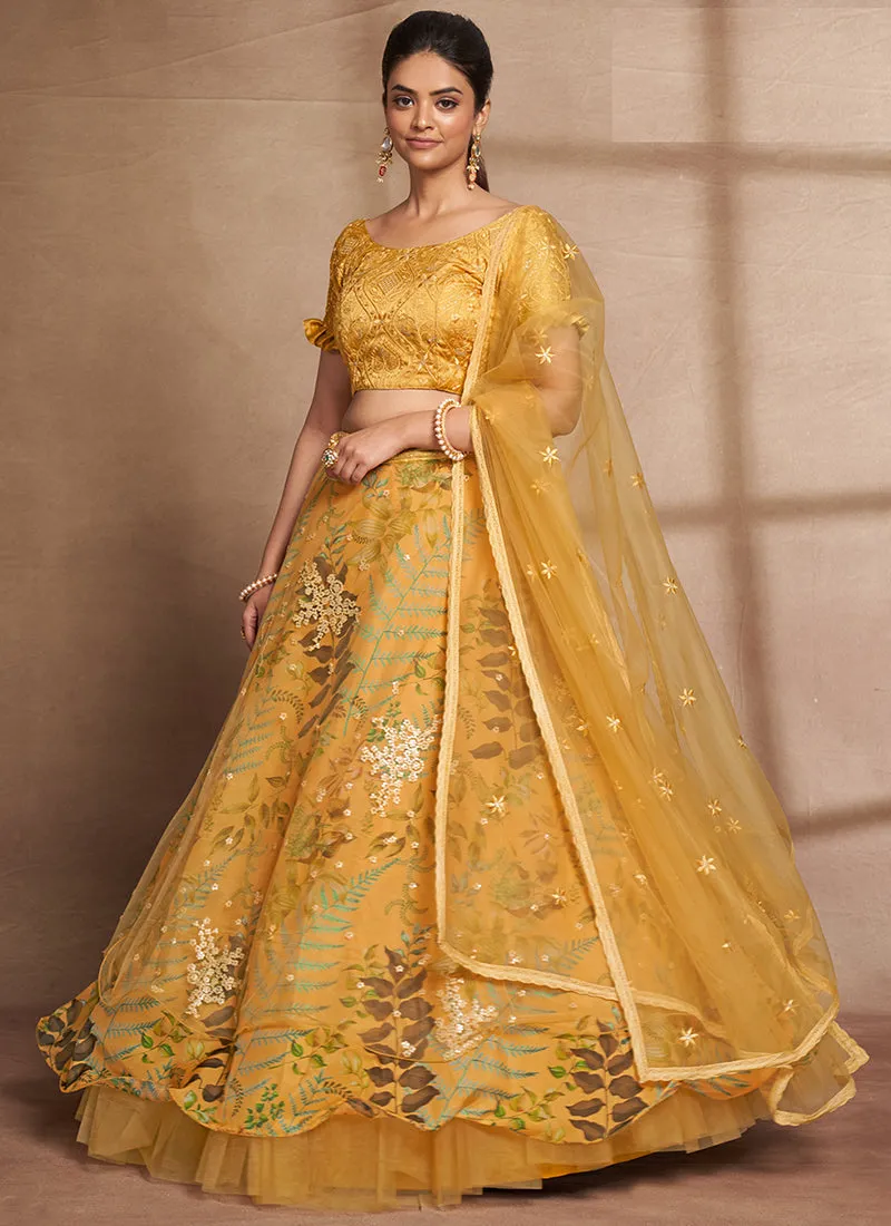 Yellow Floral Print And Sequence Embroidery Ruffled Lehenga Choli