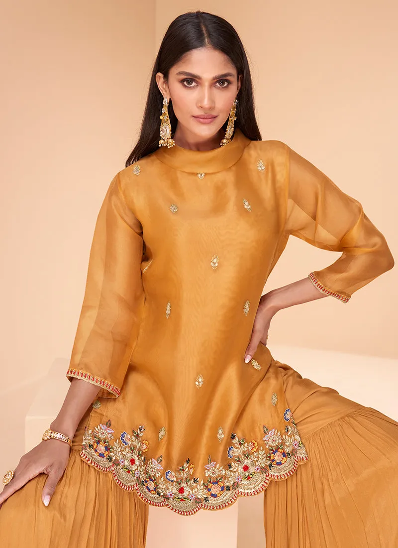 Yellow Multi Embroidery Festive Kurti And Gharara Suit