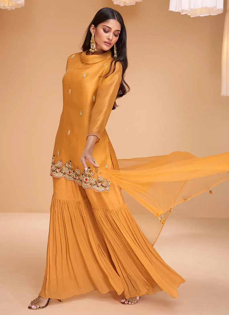 Yellow Multi Embroidery Festive Kurti And Gharara Suit