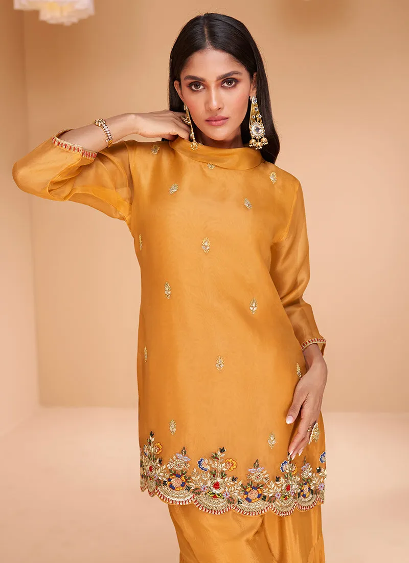 Yellow Multi Embroidery Festive Kurti And Gharara Suit