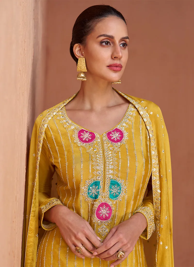 Yellow Reshamkari Embroidery Festive Palazzo Suit