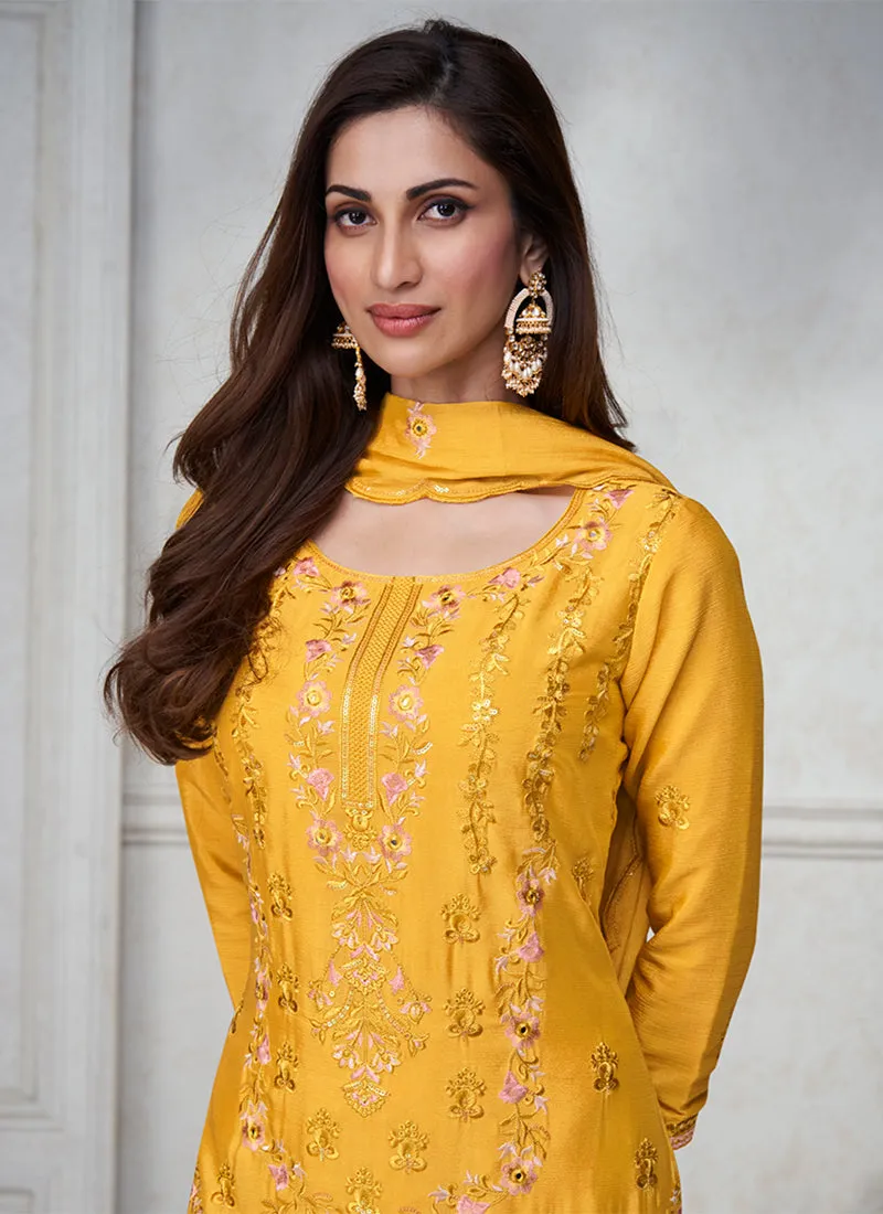 Yellow Thread And Sequence Embroidery Palazzo Suit