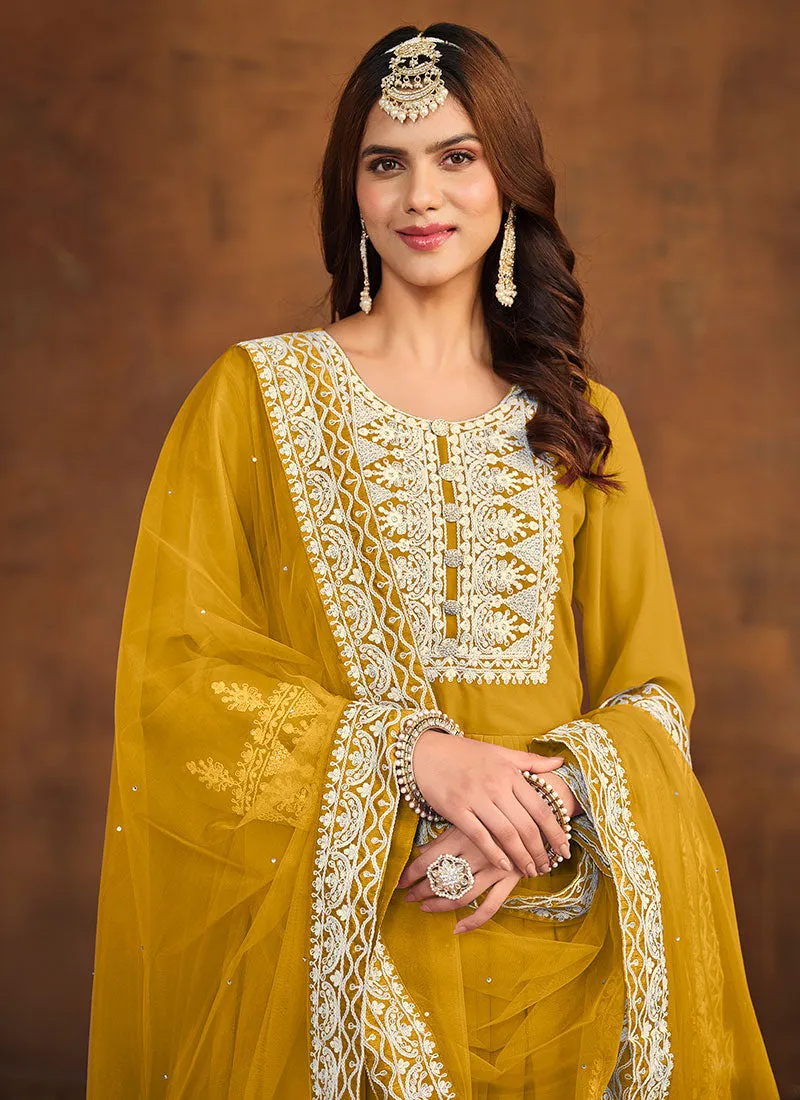 Yellow Thread Embroidery Anarkali Palazzo Suit