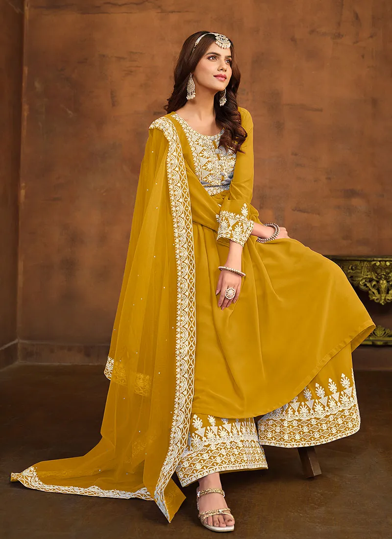 Yellow Thread Embroidery Anarkali Palazzo Suit